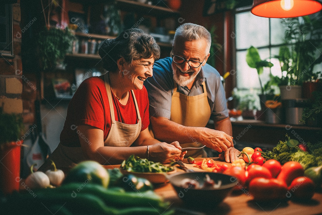 Casal de idosos cozinhando o jantar