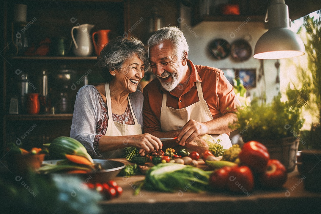 Casal de idosos cozinhando o jantar