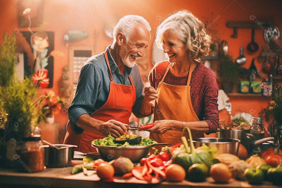 Casal de idosos cozinhando o jantar