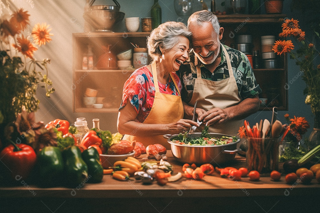 Casal de idosos cozinhando o jantar