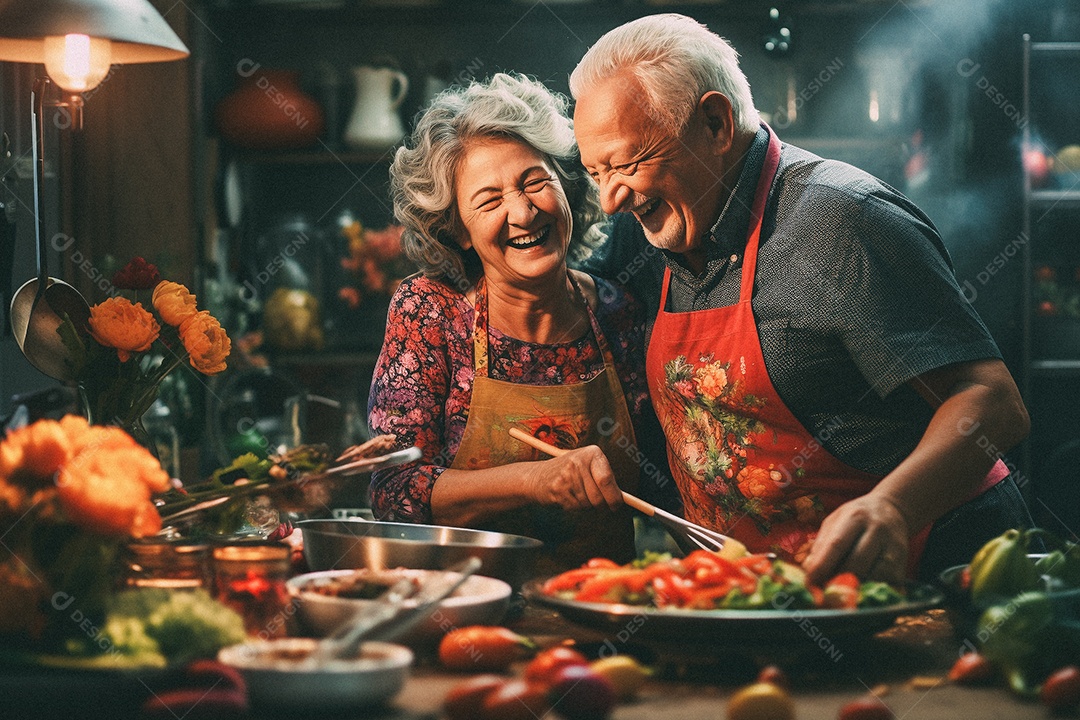 Casal de idosos cozinhando o jantar