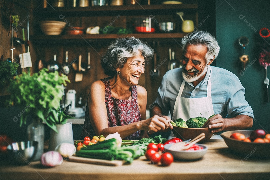 Casal de idosos cozinhando o jantar