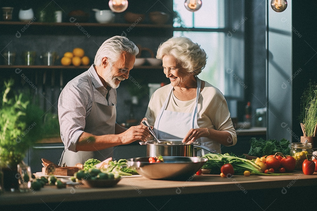 Casal de idosos cozinhando o jantar