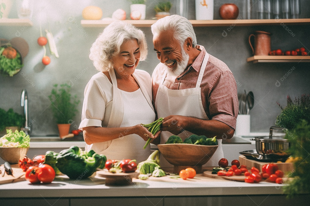 Casal de idosos cozinhando o jantar