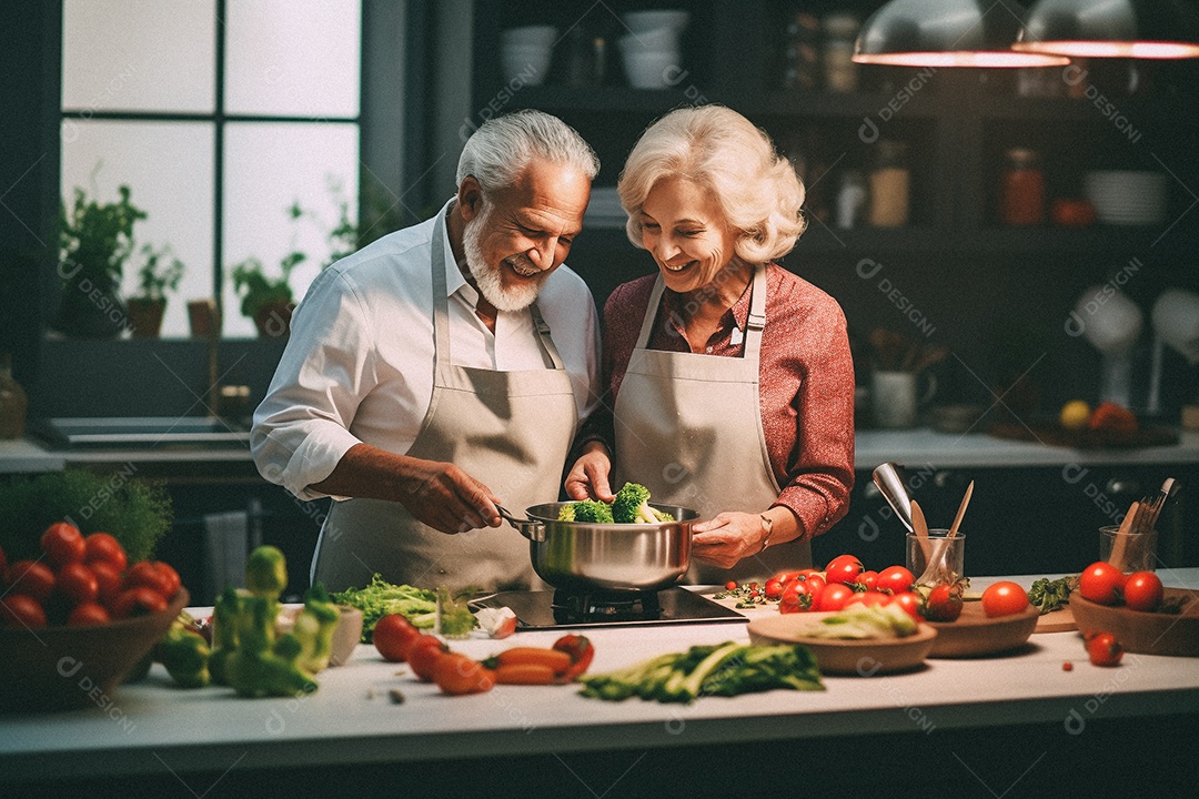 Casal de idosos cozinhando o jantar