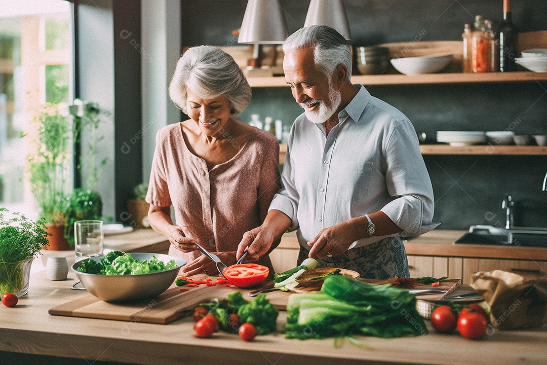 Casal de idosos cozinhando o jantar