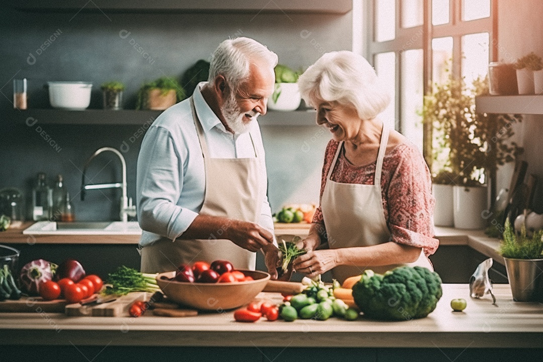 Casal de idosos cozinhando o jantar