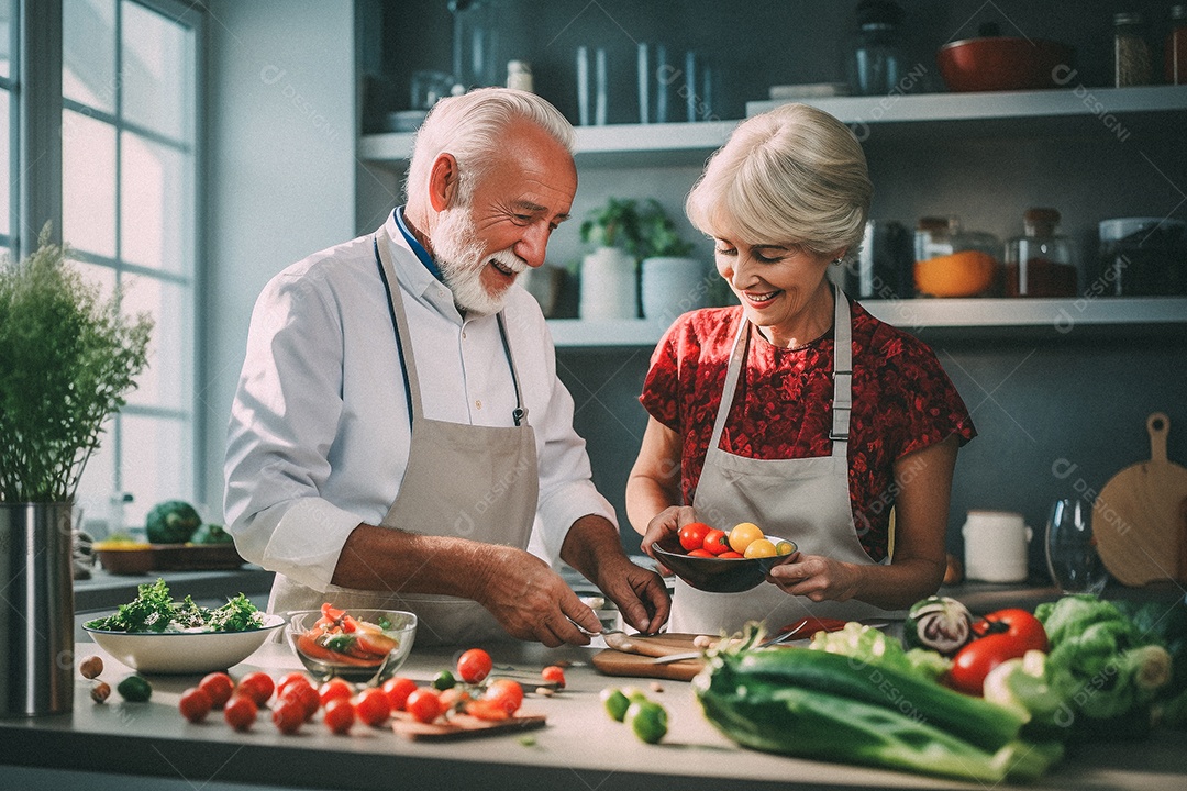 Casal de idosos cozinhando o jantar