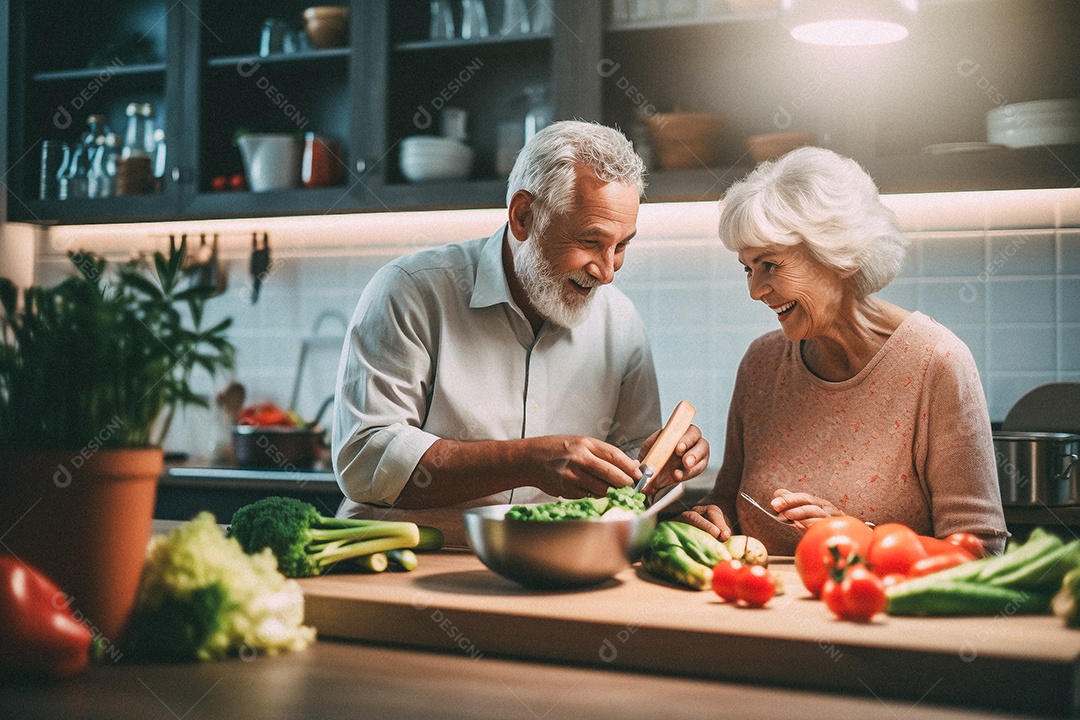 Casal de idosos cozinhando o jantar