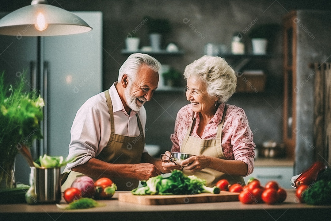 Casal de idosos cozinhando o jantar