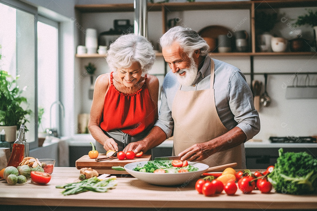 Casal de idosos cozinhando o jantar