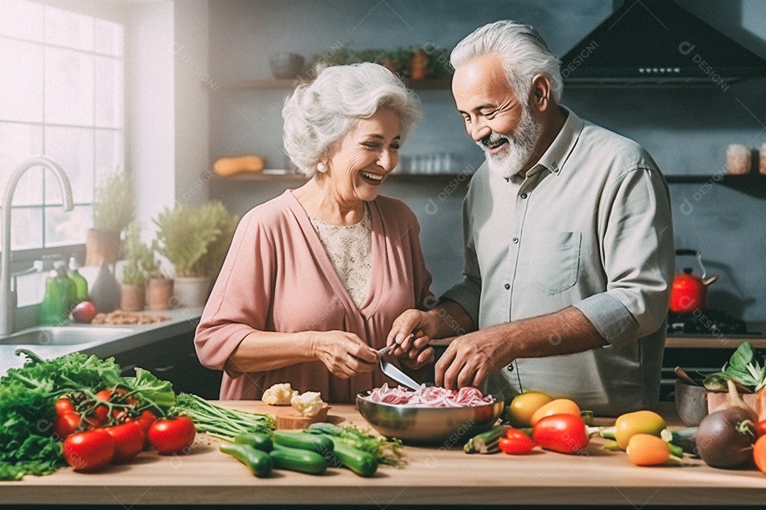 Casal de idosos cozinhando o jantar