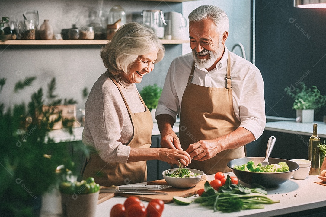 Casal de idosos cozinhando o jantar