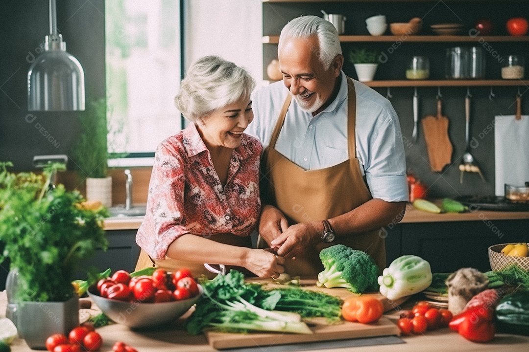 Casal de idosos cozinhando o jantar