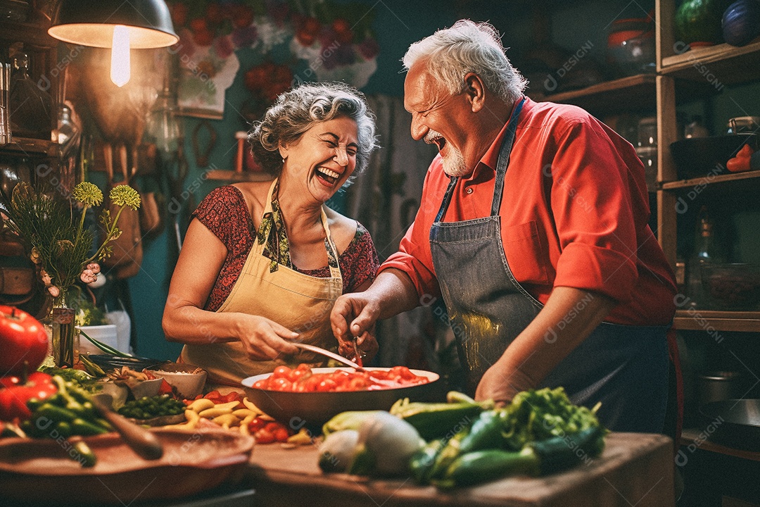 Casal de idosos cozinhando o jantar
