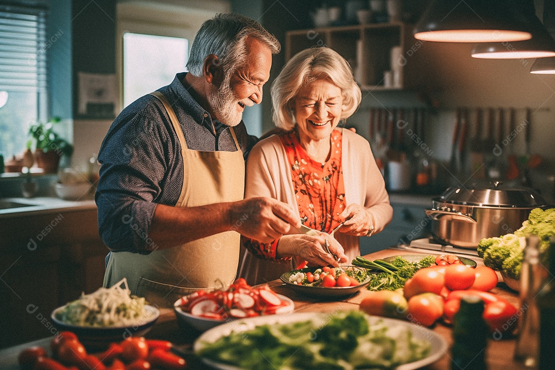 Casal de idosos cozinhando o jantar