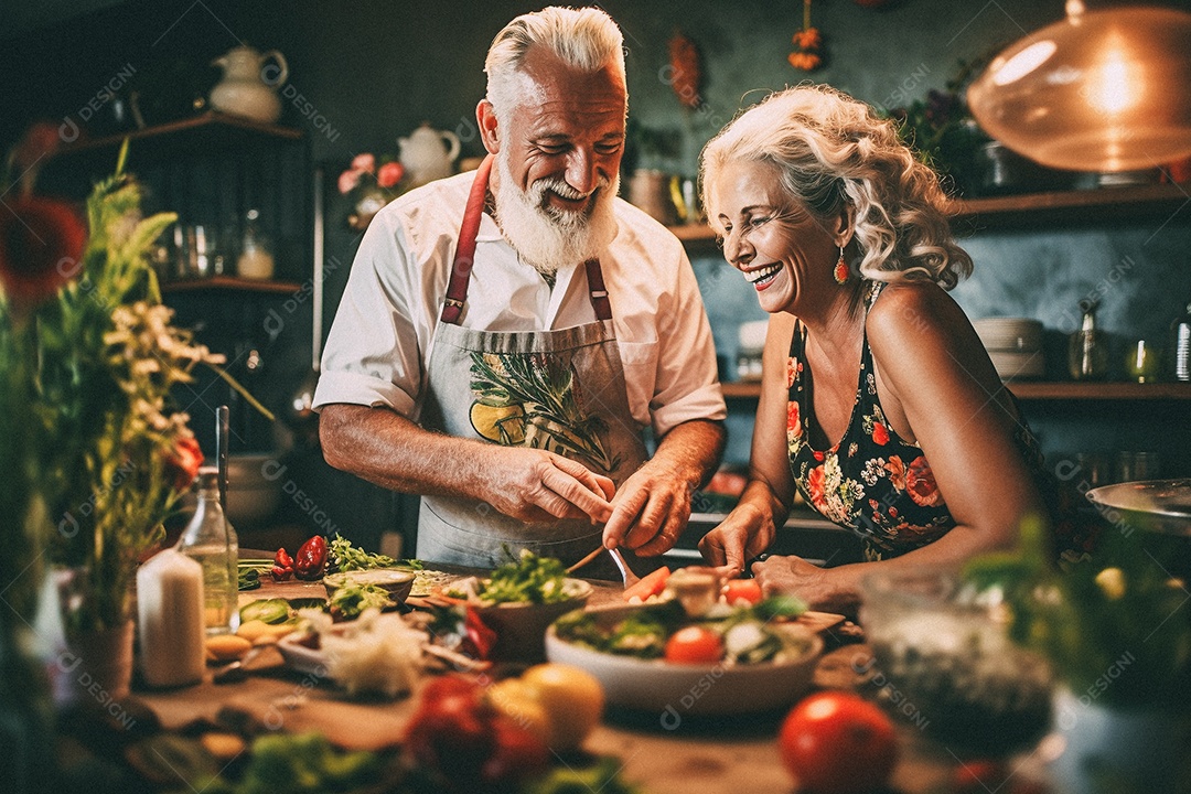 Casal de idosos cozinhando o jantar