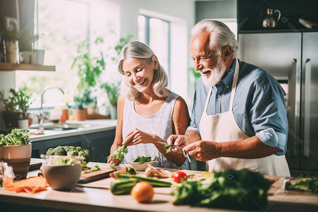 Casal de idosos cozinhando o jantar