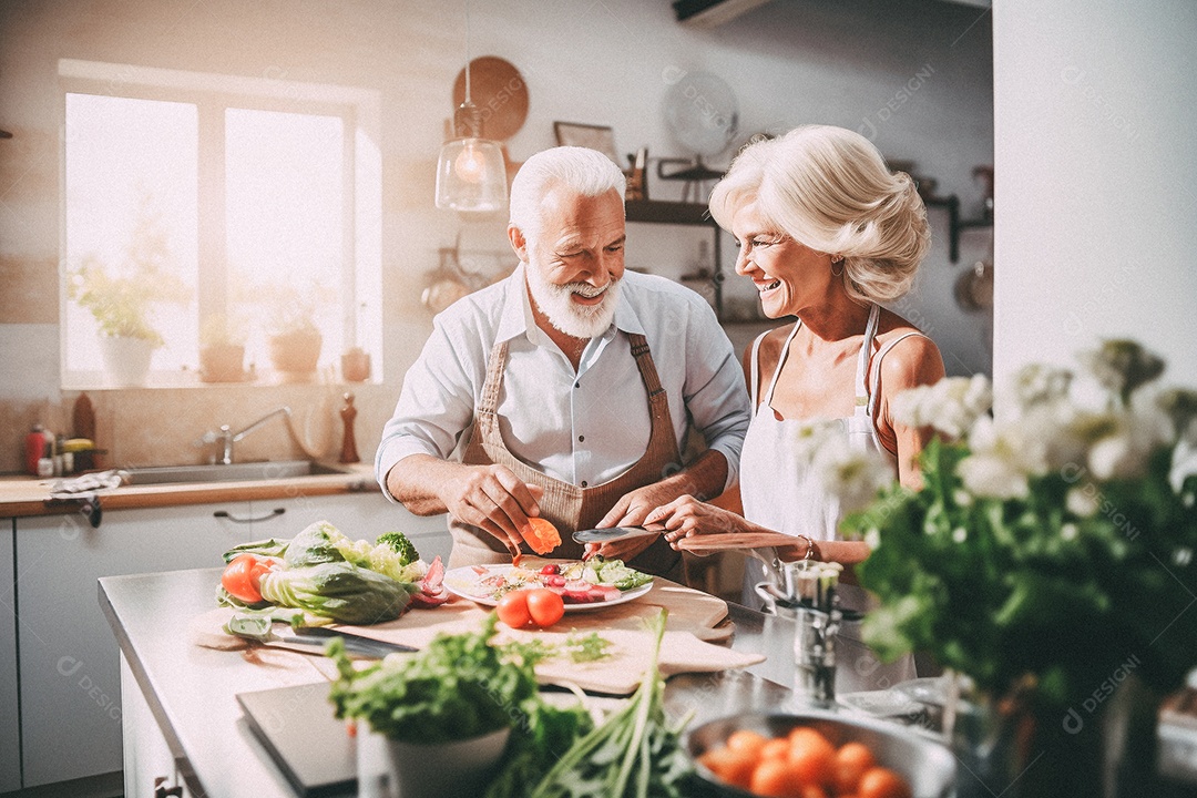 Casal de idosos cozinhando o jantar