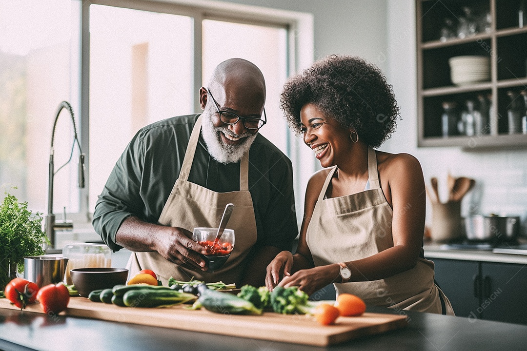 Casal de idosos cozinhando o jantar