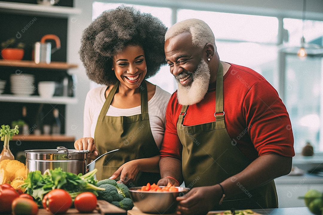 Casal de idosos cozinhando o jantar