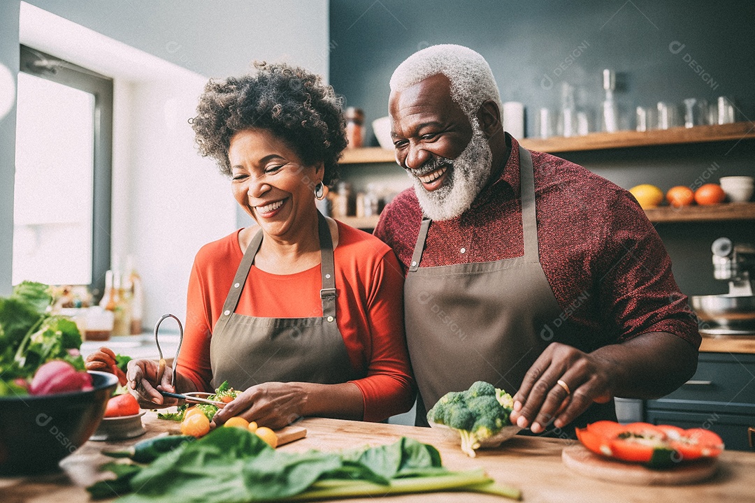 Casal de idosos cozinhando o jantar
