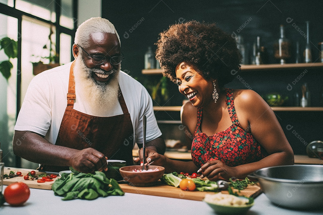 Casal de idosos cozinhando o jantar