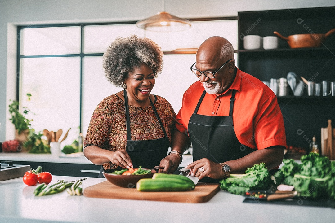 Casal de idosos cozinhando o jantar