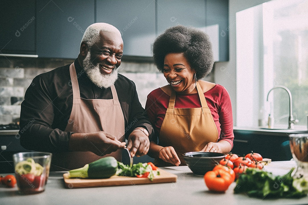 Casal de idosos cozinhando o jantar