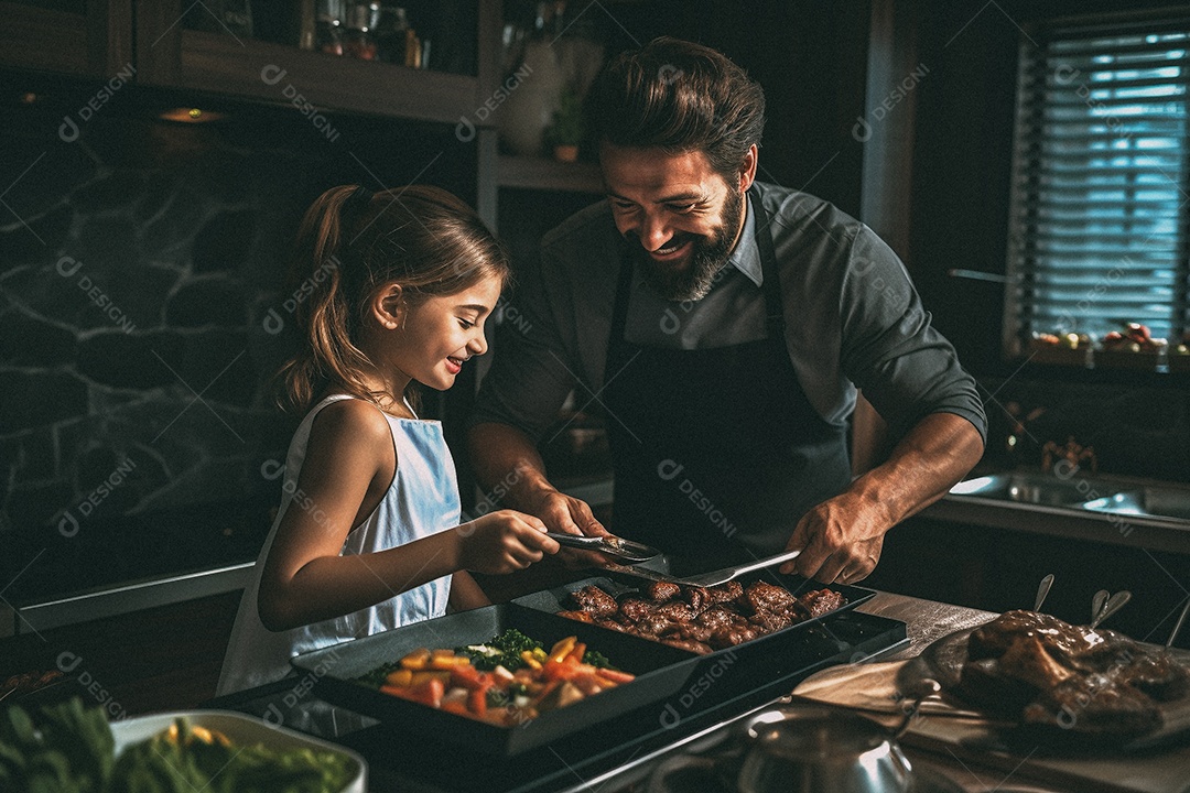 Pai e filha cozinhando o jantar
