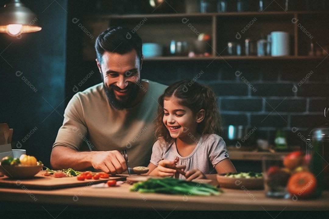 Pai e filha cozinhando o jantar