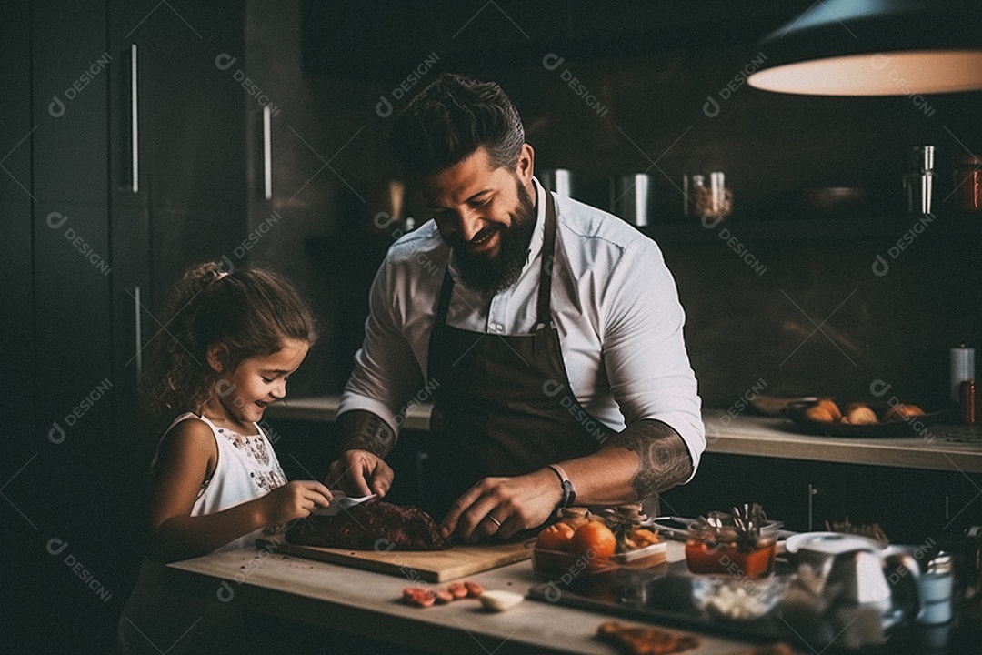 Pai e filha cozinhando o jantar