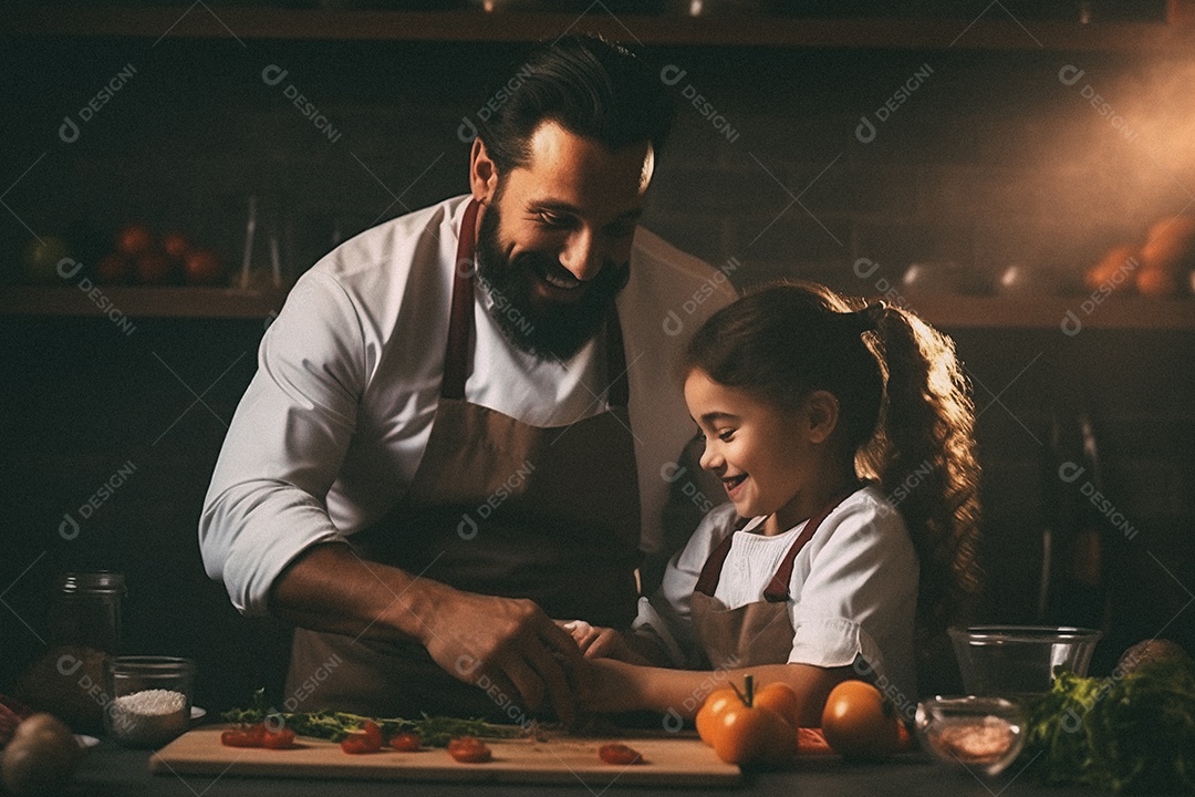 Pai e filha cozinhando o jantar