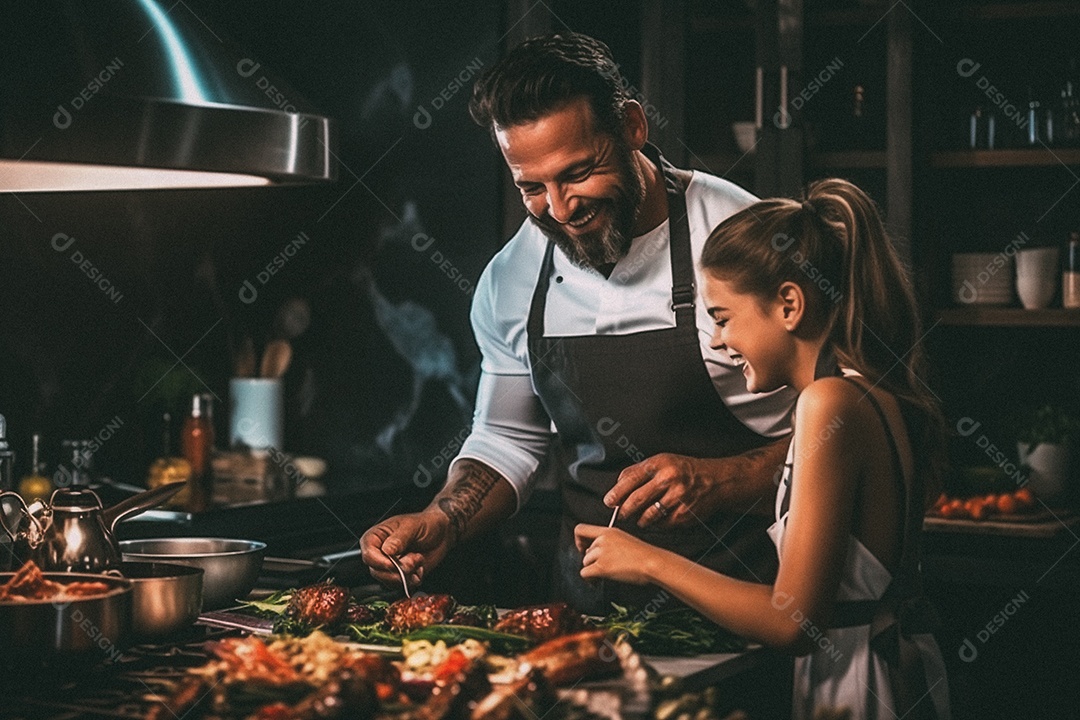 Pai e filha cozinhando o jantar
