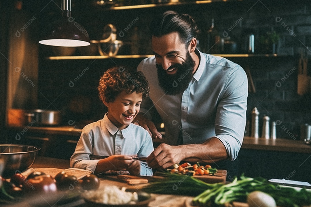 Pai e filho cozinhando o jantar