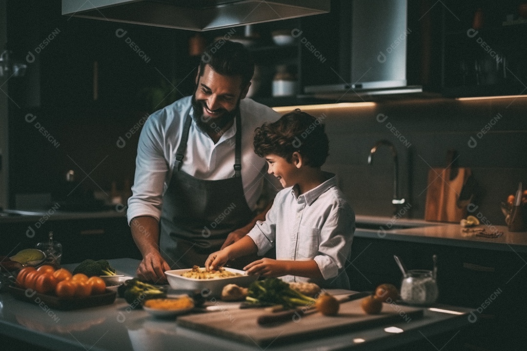 Pai e filho cozinhando o jantar