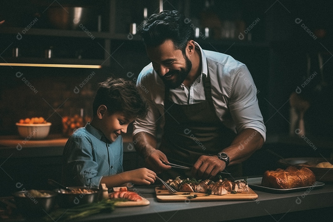 Pai e filho cozinhando o jantar