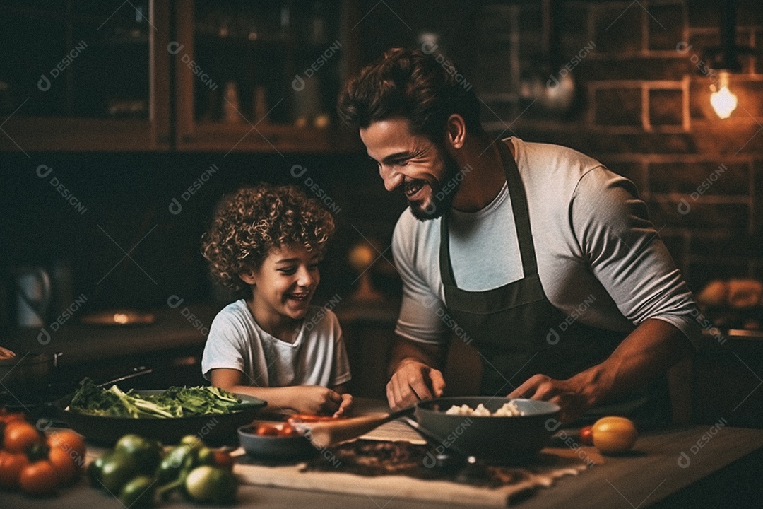 Pai e filho cozinhando o jantar