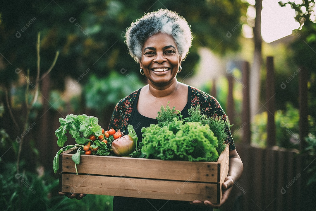 Sorrindo aposentado segurando uma caixa de madeira