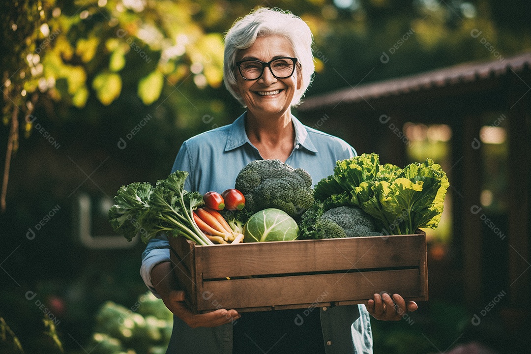 Sorrindo aposentado segurando uma caixa de madeira