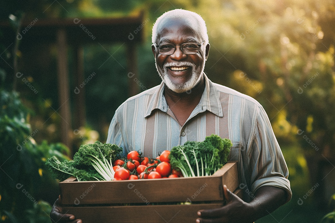 Sorrindo aposentado segurando uma caixa de madeira