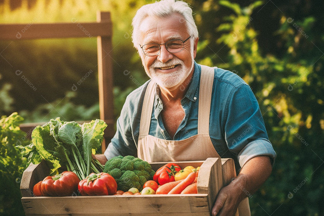 Sorrindo aposentado segurando uma caixa de madeira