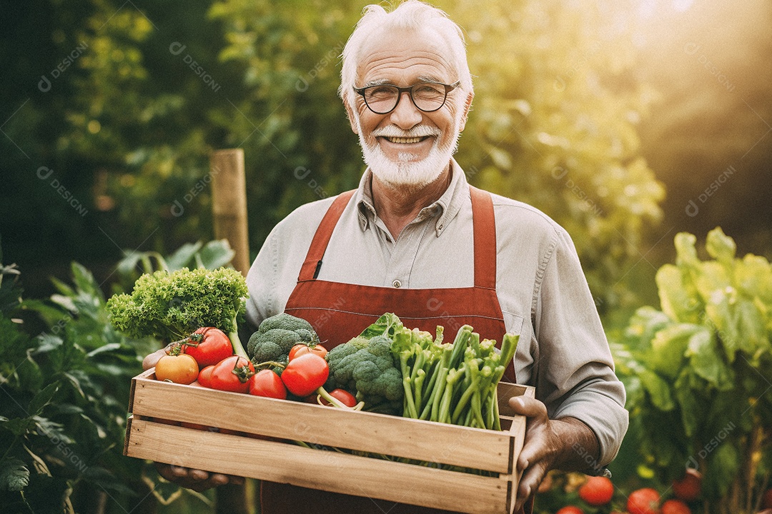Aposentado sorridente segurando uma caixa de madeira