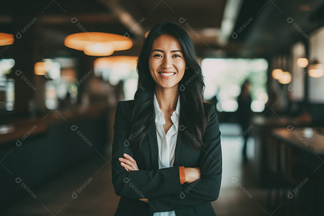 Mulher que está sorrindo e cruzando os braços