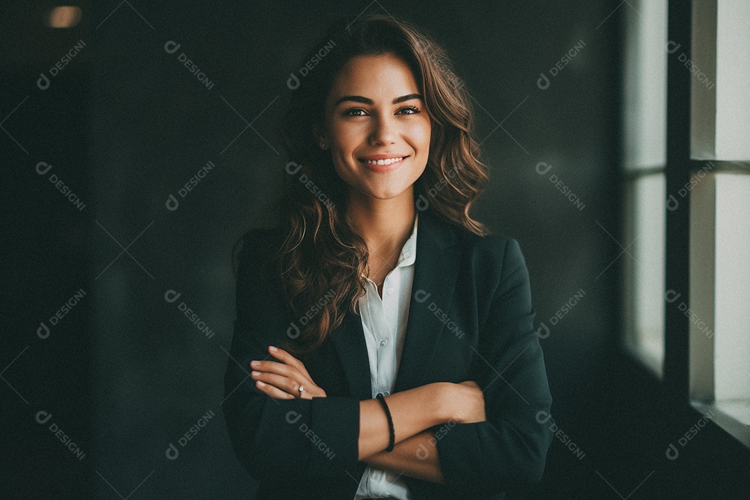 Mulher que está sorrindo e cruzando os braços