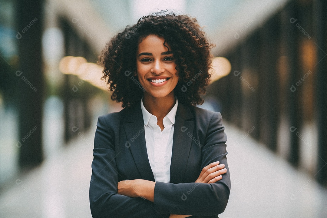 Mulher que está sorrindo e cruzando os braços