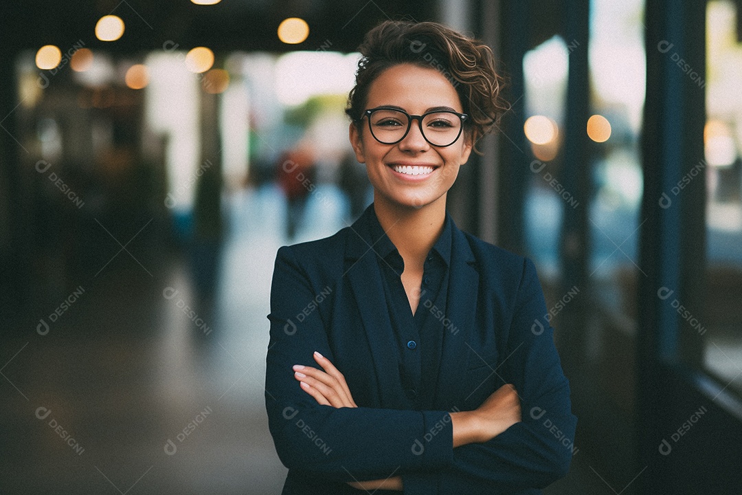 Mulher que está sorrindo e cruzando os braços