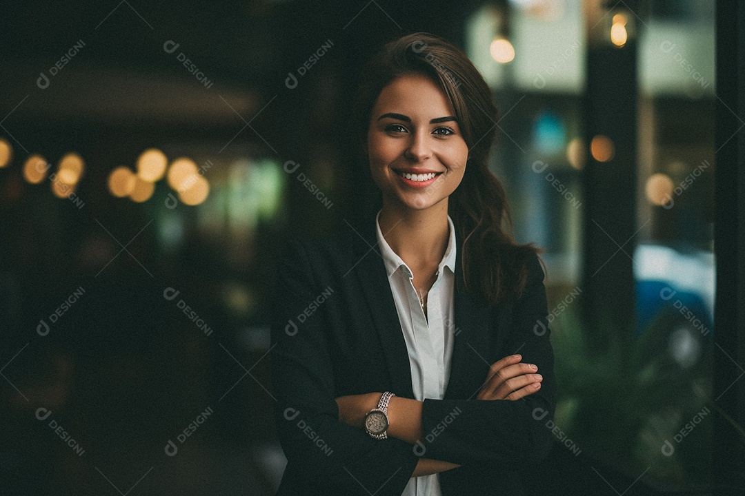 Mulher que está sorrindo e cruzando os braços