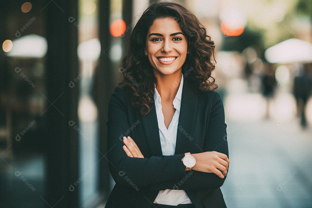Mulher que está sorrindo e cruzando os braços