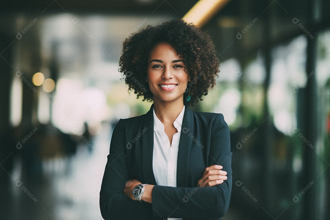 Mulher que está sorrindo e cruzando os braços